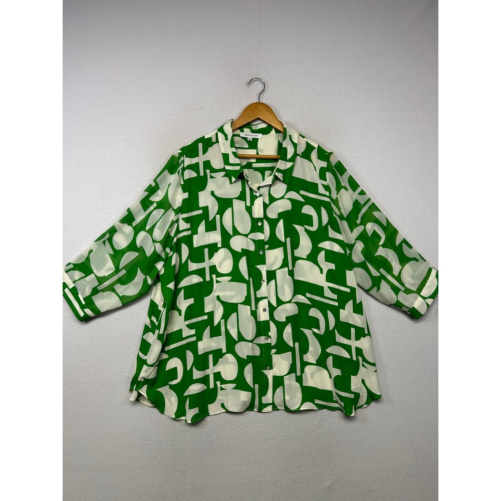 Mod Retro Geometric Rose + Olive Womens 3X Green White Button Up Blouse Art Deco